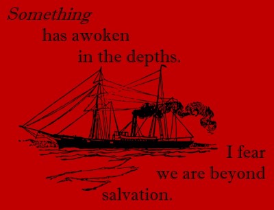 a black ship on a red background with black text
