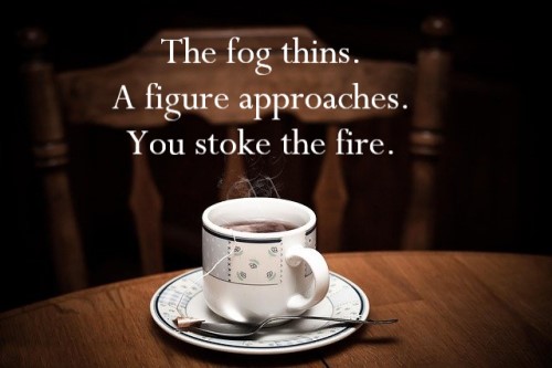 a steaming cup of tea with a dark brown background and some text